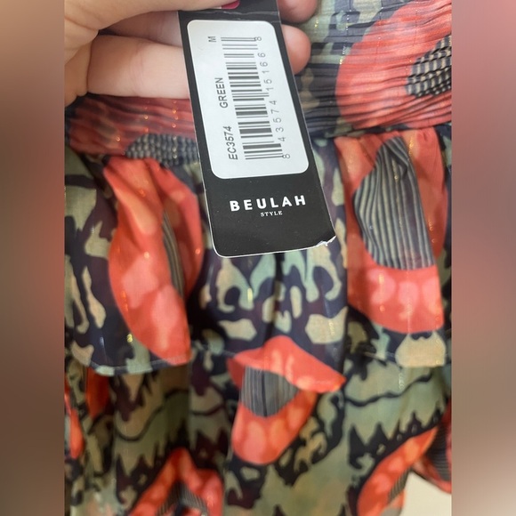 NWT BEULAH|| Mini Dress M Green Orange Abstract Tiered Fairycore Boho Cottage - Picture 6 of 9